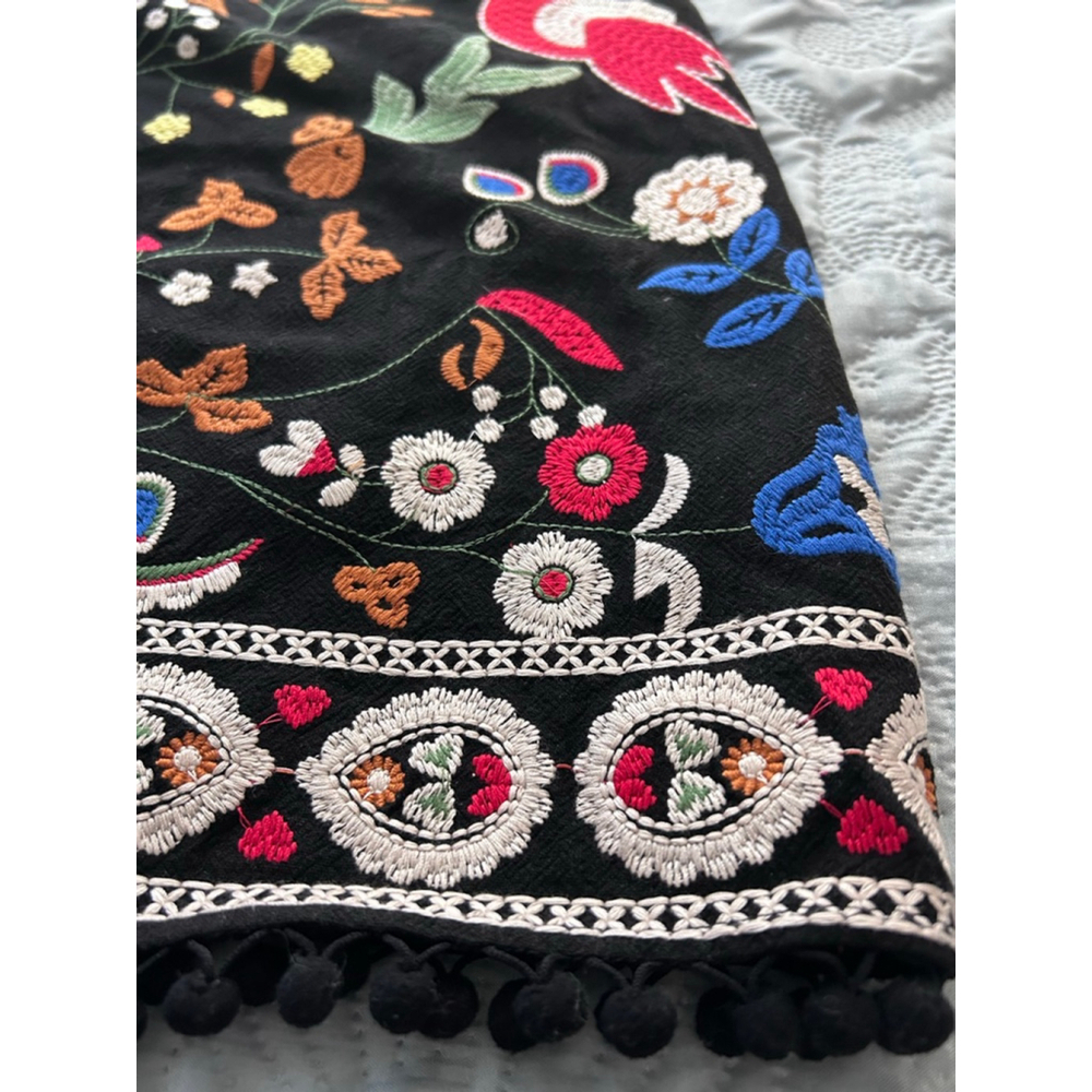 Umgee Black Multicolor Embroidered Mini Skirt Birds Pom Trim Sz L NWT - Picture 6 of 13